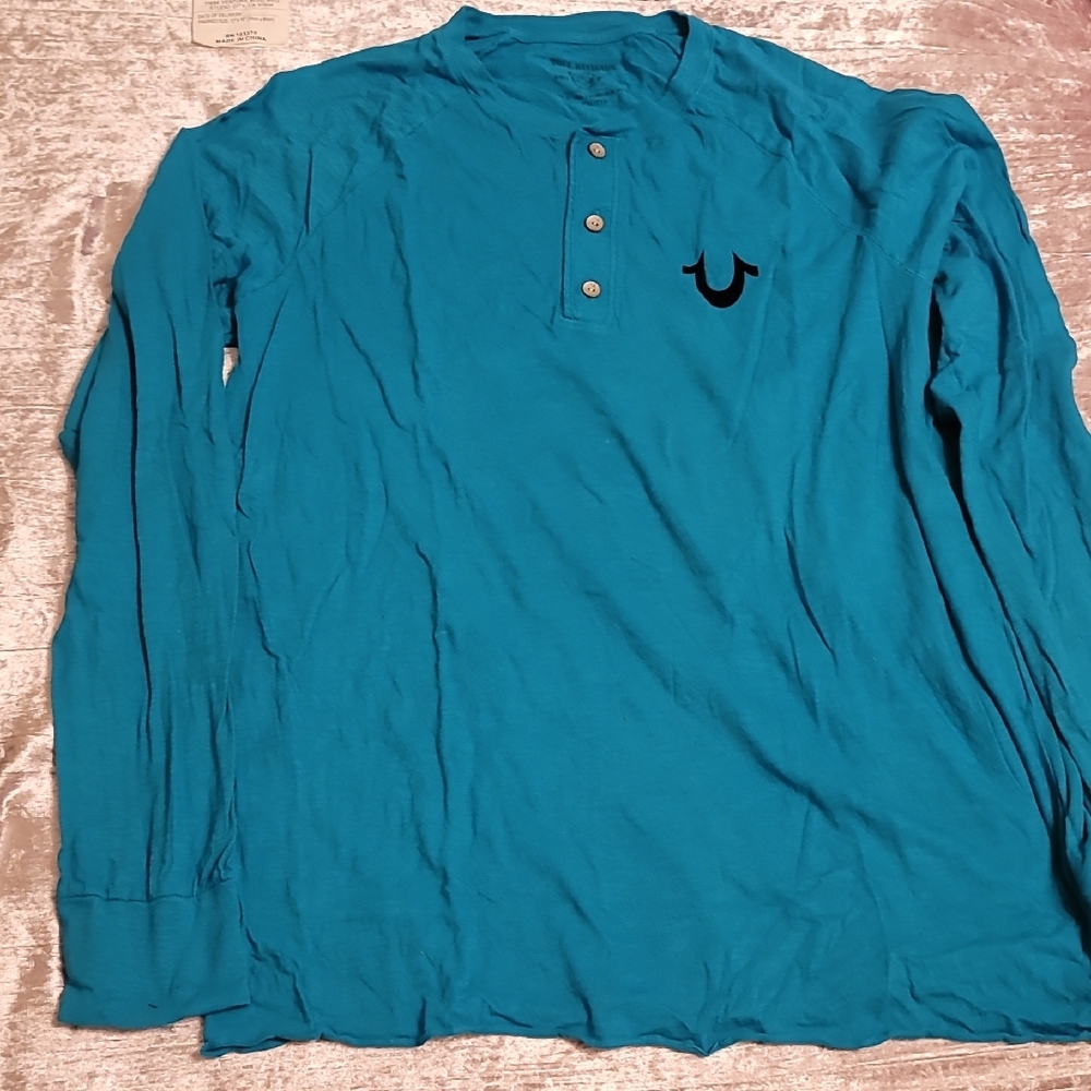 Men's Teal Blue True Religion Long Sleeve Tee